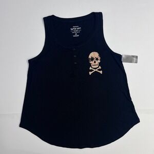 Torrid Sleep Tank Top 00 M/L Black Ribbed Henley Skull‎ Graphic Super Soft NWT